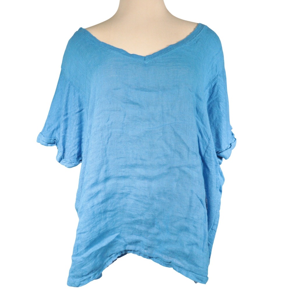 La Maille Intuition Paris Linen Slub Top Loose Fit V-Neck Blue Womens One Size
